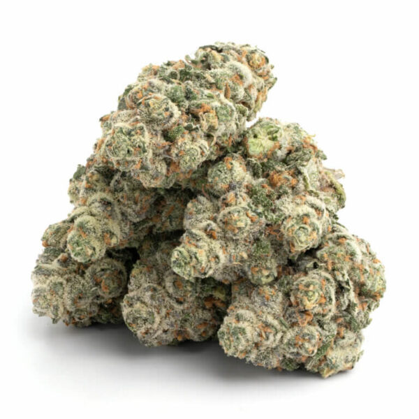 Lemon Skunk THCa Flower – bright green buds with orange pistils and a coating of trichomes.