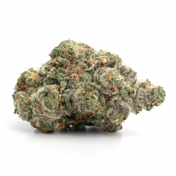 Lemon Skunk THCa Flower – bright green buds with orange pistils and a coating of trichomes.