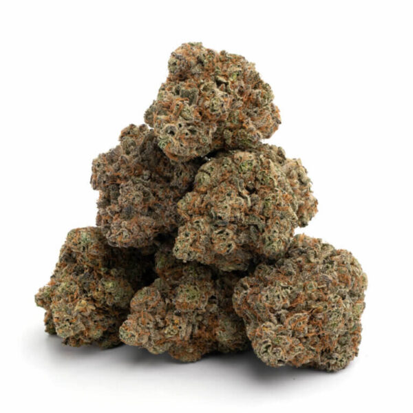 London Pound Cake THCa Flower – dense purple-hued buds with a frosty coating of trichomes.