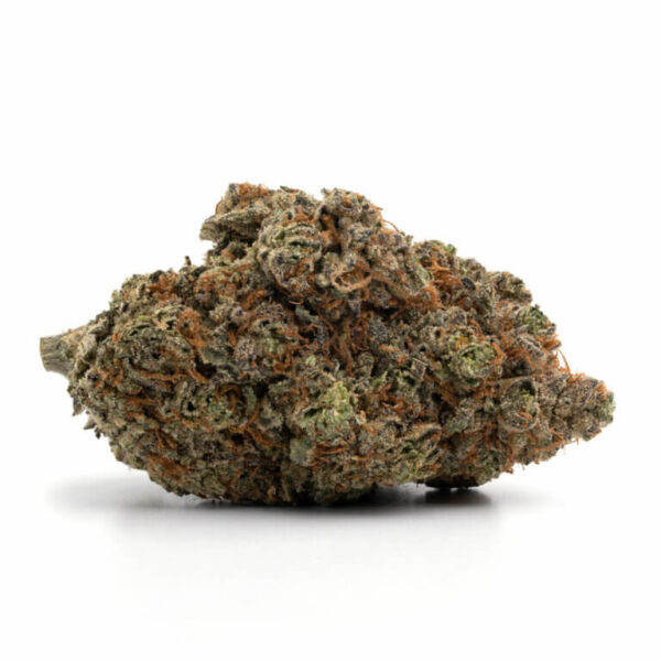 London Pound Cake THCa Flower – dense purple-hued buds with a frosty coating of trichomes.